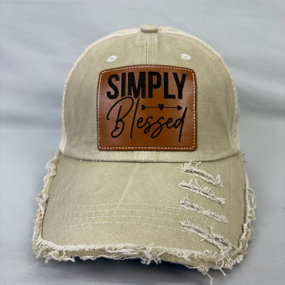 Simply Blessed Christian Distressed Trucker Hat Snapback Leather Patch Cap Tan